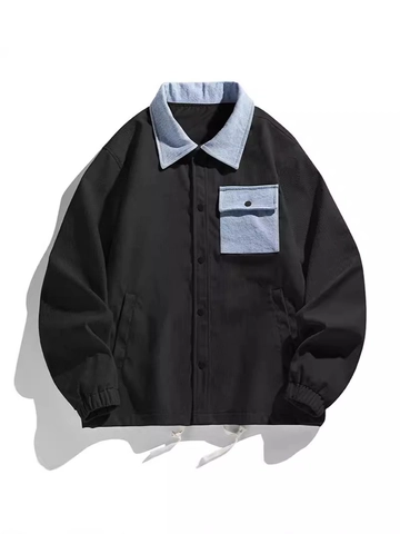 Heren Casual Corduroy Patchwork Jas Met Denim Revers Lange Mouwen Ruime Pasvorm Workwear Bovenkleding Trendy Zoom Met Trekkoord