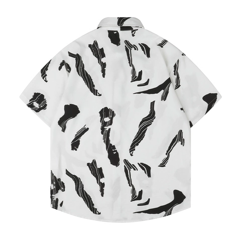 Men's Casual Short Sleeve Shirt Polyester Abstract Ink Print Lapel Button Down Hawaii Style Loose Fit Summer Top For Youth