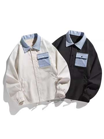 Veste en Velours Côtelé Décontractée pour Hommes Épissage en Denim Revers Manteau Boutonné Tendance Ample Cargo Manches Longues Ourlet à Cordon Automne Hiver Veste pour Hommes