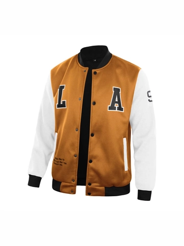 Men Varsity Jacket Polyester Color Block Letter LA Embroidery Patchwork Baseball Bomber Coat Casual Streetwear Top