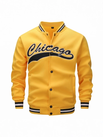 Men Varsity Jacket Chicago Embroidered Baseball Coat Casual Polyester Blend Striped Ribbed Outerwear Sport Collegiate Style
