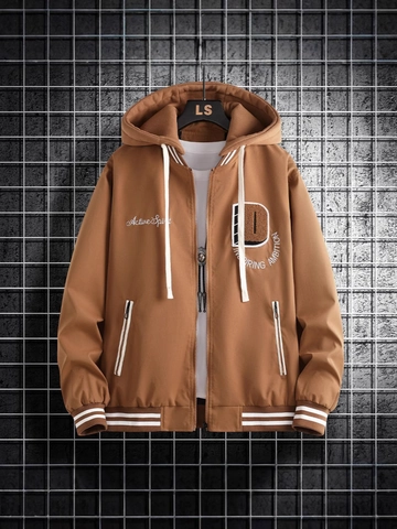 Men's Casual Embroidery Hooded Jacket Long Sleeve Varsity Style Letter Patchwork Coat Brown Zip Up Sport Outerwear