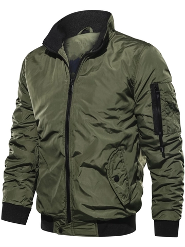 Men Bomber Jacket Padded Windproof Winter Coat Warm Casual Outwear With Multi Pockets Stand Collar Ribbed Trim Solid Color For Male