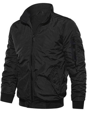 Men Bomber Jacket Padded Windproof Winter Coat Warm Casual Outwear With Multi Pockets Stand Collar Ribbed Trim Solid Color For Male
