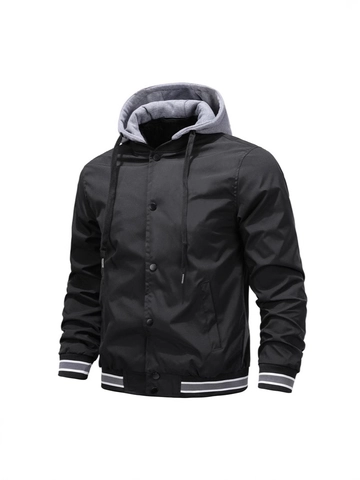 Blouson Bomber Coupe-vent Décontracté pour Homme Avec Capuche Amovible Poignets Côtelés Rayés Veste de Sport Extérieur