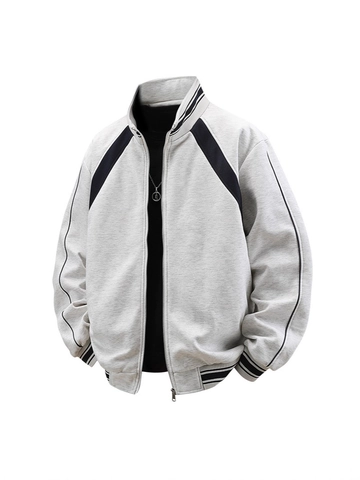 Men's Heavyweight Knit Jacket Stand Collar Color Block Zip Up Sporty Outdoor Casual Varsity Coat Outerwear For Autumn Winter