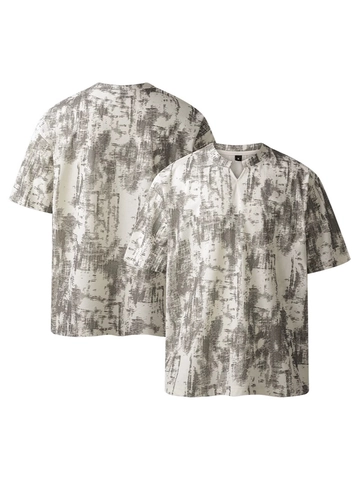 Men American High Street V-Neck T-Shirt Tie-Dye Abstract Ink Pattern Oversized Loose Short Sleeve Polyester Ribbed Top