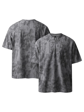 Men American High Street V-Neck T-Shirt Tie-Dye Abstract Ink Pattern Oversized Loose Short Sleeve Polyester Ribbed Top