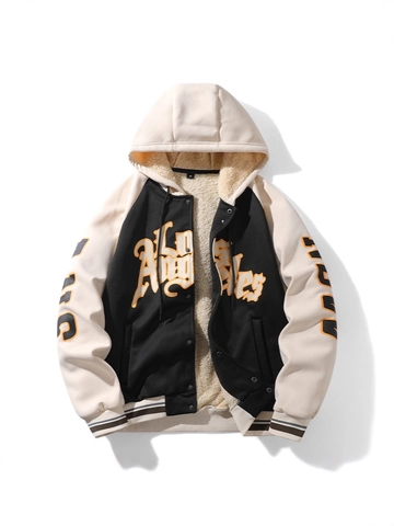 Giacca Varsity da Uomo con Cappuccio Foderata in Sherpa Cappotto Invernale Spesso Vintage Americano Patchwork Stampa Lettere Casual Caldo
