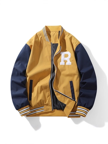 Herren Retro Varsity Jacke Polyester Winddicht Kontrastfarbe Buchstaben Stickerei Casual Baseball Mantel Herbst Außenbekleidung