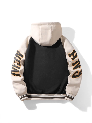 Giacca Varsity da Uomo con Cappuccio Foderata in Sherpa Cappotto Invernale Spesso Vintage Americano Patchwork Stampa Lettere Casual Caldo