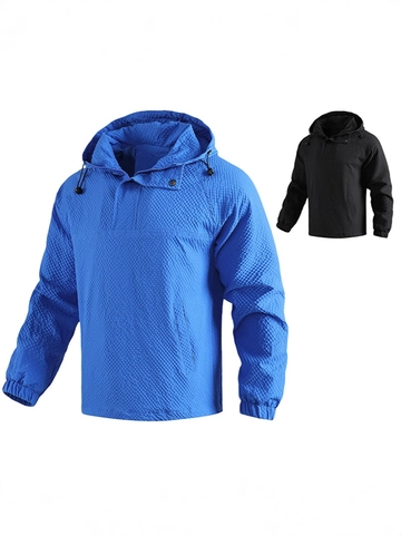 Veste à Capuche pour Hommes Texture Gauffrée Pull-over Décontracté Extérieur Coupe-vent avec Cordon et Poignets Élastiques