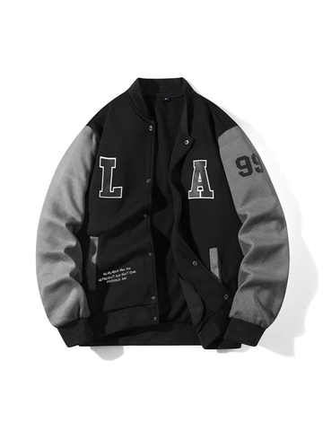 Men Vintage Varsity Jacket Color Block Letter Embroidery Baseball Collar Snap Button Long Sleeve Sporty Casual Coat