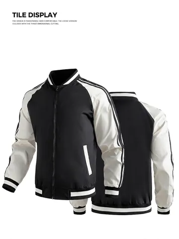 Men Varsity Jacket Color Block Baseball Bomber Coat Windbreaker Zip Up Polyester Casual Sporty Streetwear Striped Ribbed Trim