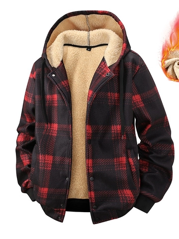 Men's Winter Red Black Plaid Hooded Jacket Warm Fleece Lining Thickened Zip Up Outerwear Classic Buffalo Plaid Coat