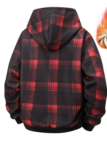 Men's Winter Red Black Plaid Hooded Jacket Warm Fleece Lining Thickened Zip Up Outerwear Classic Buffalo Plaid Coat