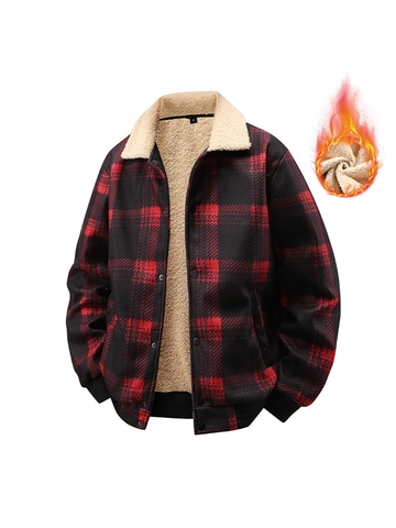 Heren Winter Geruit Fleece Jas Dik Warm Lamsmollen Kraag Polyester Geruit Bovenkleding Enkele Rij Knopen Casual Jas