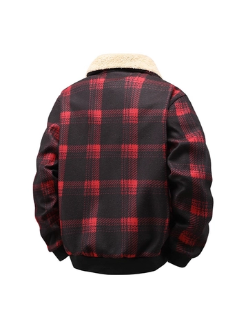 Heren Winter Geruit Fleece Jas Dik Warm Lamsmollen Kraag Polyester Geruit Bovenkleding Enkele Rij Knopen Casual Jas