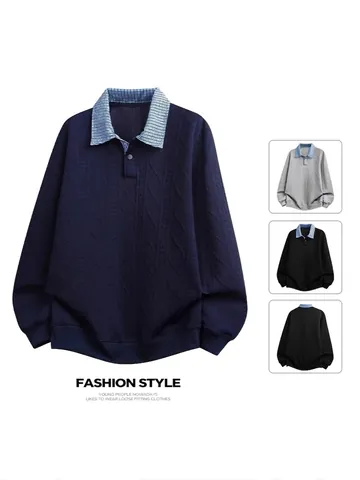 Maglia Polo da Uomo Manica Lunga Autunno Inverno Trecce Jacquard Patchwork a Scacchi Pullover Casual Largo
