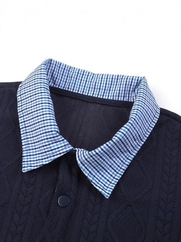 Maglia Polo da Uomo Manica Lunga Autunno Inverno Trecce Jacquard Patchwork a Scacchi Pullover Casual Largo