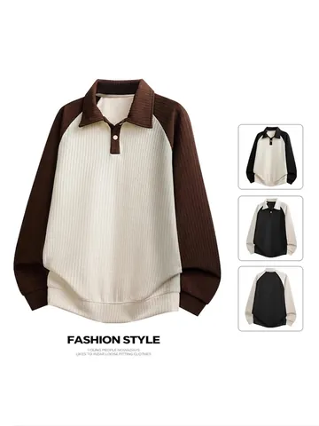Uomo Felpa Polo a Manica Lunga Texture a Nido d'Ape Blocco di Colore Raglan Top Taglie Forti Pullover Casual