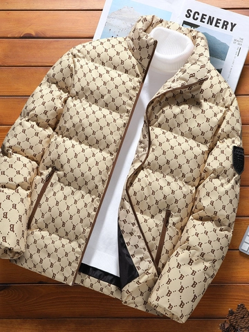 Chaqueta Acolchada de Invierno para Hombre Cuello Alto Estampado de Monograma de Letras Abrigo Acolchado Resistente al Viento Casual Streetwear