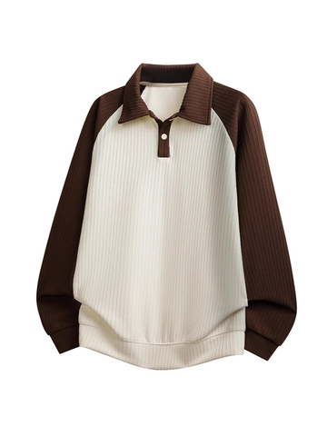Uomo Felpa Polo a Manica Lunga Texture a Nido d'Ape Blocco di Colore Raglan Top Taglie Forti Pullover Casual