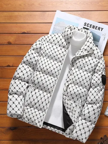 Chaqueta Acolchada de Invierno para Hombre Cuello Alto Estampado de Monograma de Letras Abrigo Acolchado Resistente al Viento Casual Streetwear