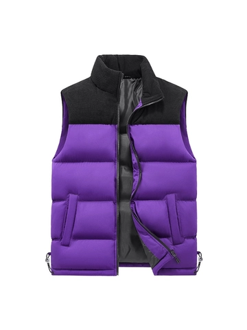 Men Women Padded Vest Color Block Gilet Stand Collar Corduroy Patchwork Sleeveless Jacket Winter Warm Casual Outerwear