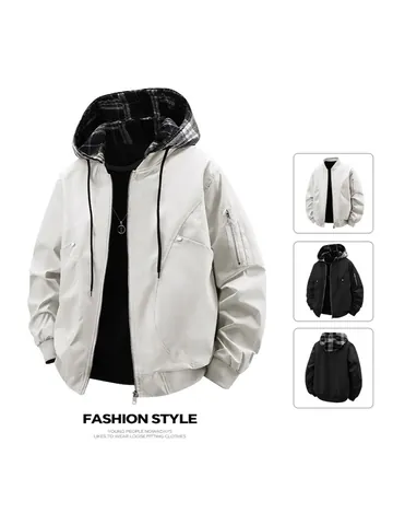 Blouson Bomber Décontracté pour Homme Avec Capuche Amovible Doublure Écossaise Coupe-vent Veste d'Extérieur Zippée Grandes Tailles