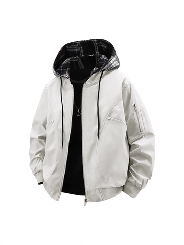 Blouson Bomber Décontracté pour Homme Avec Capuche Amovible Doublure Écossaise Coupe-vent Veste d'Extérieur Zippée Grandes Tailles