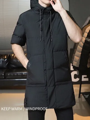 Men Winter Mid-length Padded Jacket Hooded Thickened Warm Casual Outerwear Polyester Quilted Coat Plus Size Parka For Adult