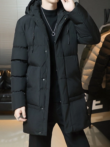 Men Winter Mid-length Padded Jacket Hooded Thickened Warm Casual Outerwear Polyester Quilted Coat Plus Size Parka For Adult