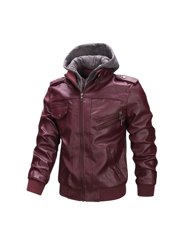 Men's Hooded Faux Leather Jacket Vintage PU Biker Coat With Removable Knit Hood Multi Zipper Pockets Ribbed Cuffs Outerwear For Men Casual