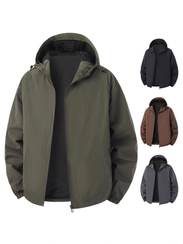 Men's Hooded Outdoor Sporty Windbreaker Jacket Lightweight Breathable Mesh Lining Zipper Front Casual Autumn Fashion Coat