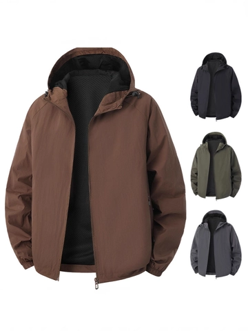 Men's Hooded Outdoor Sporty Windbreaker Jacket Lightweight Breathable Mesh Lining Zipper Front Casual Autumn Fashion Coat