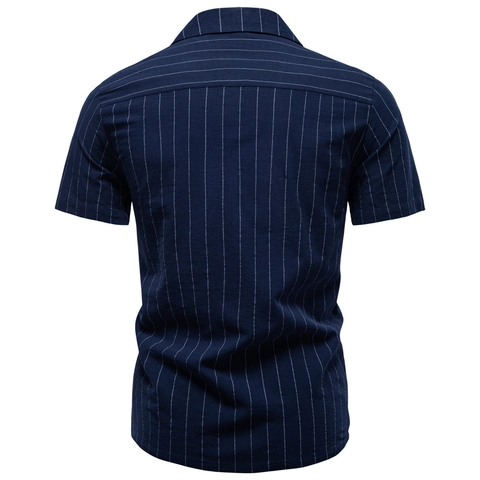 Men Casual Cotton Blend Cuban Collar Vertical Striped Short Sleeve Shirt Vintage Business Camp Collar Men Fashion Top
