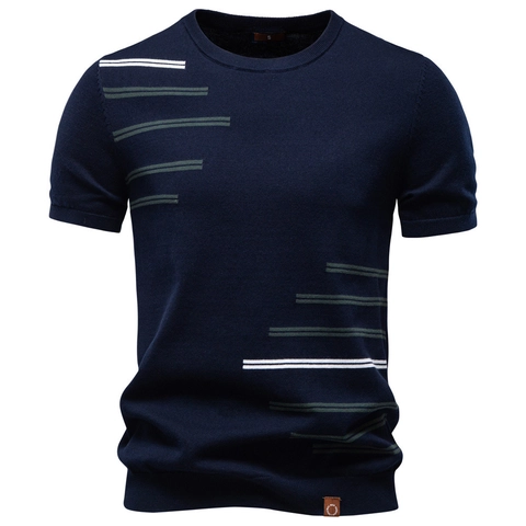Maglietta in Maglia da Uomo 100% Cotone a Righe Girocollo Manica Corta Slim Fit Casual Estiva Top in Maglia Traspirante