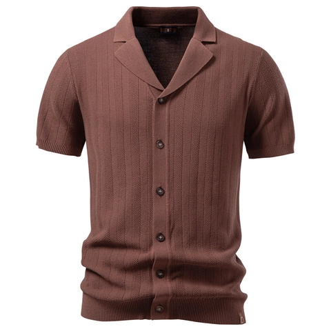 Maglia Polo Uomo a Maniche Corte Cardigan con Bottoni Misto Viscosa a Righe Verticali Business Casual Traspirante Urban Top