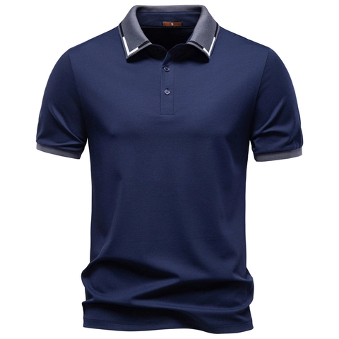 Polo da Uomo a Maniche Corte in Cotone Tencel di Alta Qualità Jacquard Revers Colletto a Contrasto Casual Business Top