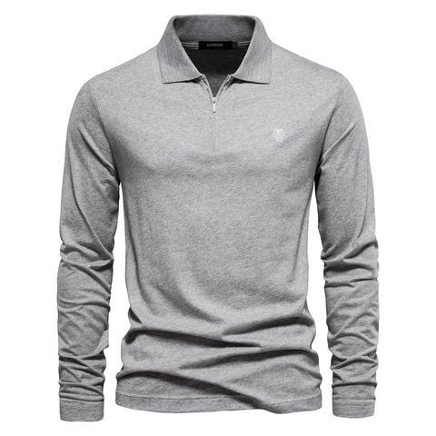 Herren Langarm Polo Shirt 100% Baumwolle Casual Reißverschluss Kragen Einfarbig Top Mit Löwen Stickerei Business EU Größe