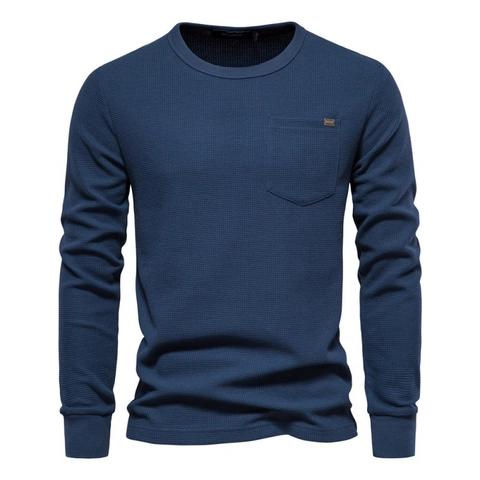 T-Shirt à Manches Longues pour Hommes Mélange de Coton Texture Gaufrette Col Rond Haut Avec Poche Poignets Côtelés Décontracté