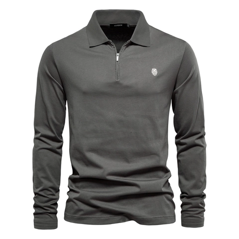 Herren Langarm Polo Shirt 100% Baumwolle Casual Reißverschluss Kragen Einfarbig Top Mit Löwen Stickerei Business EU Größe