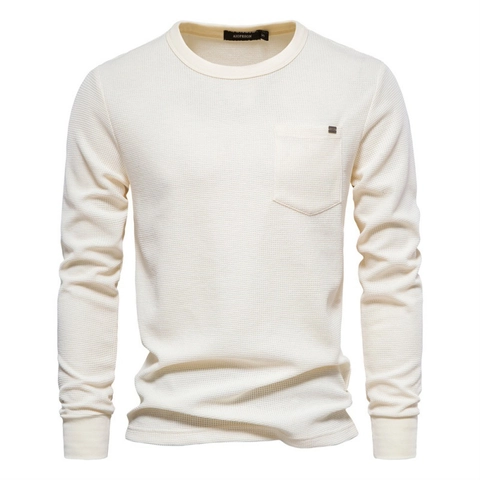 T-Shirt à Manches Longues pour Hommes Mélange de Coton Texture Gaufrette Col Rond Haut Avec Poche Poignets Côtelés Décontracté
