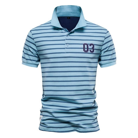 Polo da Uomo Casual a Righe in Cotone Piqué Traspirante Manica Corta Top Design con Patch Colletto a Punta Estate