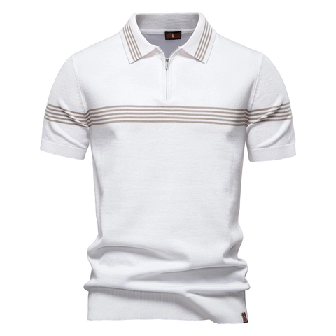 Herren Business Casual Gestreiftes Strick Polo-Shirt Europäischer Stil Reißverschluss Reverskragen Sommer Kurzarm Viskosemischung Top