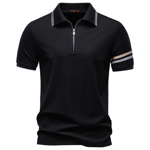 Men Business Casual Polo Shirt Short Sleeve Zipper Lapel Tencel Cotton Blend Top With Contrast Stripe Detail Daily Wear