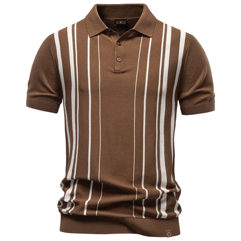 Polo en Tricot Rayé Rétro pour Hommes Manches Courtes Mélange de Viscose Haut Business Décontracté Polo Respirant Homme