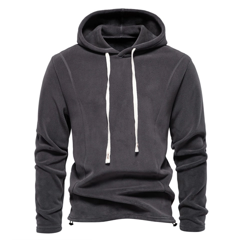 Men's Polar Fleece Hoodie Warm Winter Hooded Sweatshirt Solid Color Outdoor Casual Drawstring Loose Fit Tops For Men