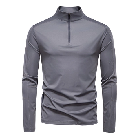 T-Shirt de Protection Solaire pour Hommes Manches Longues Fermeture Éclair un Quart Col Montant Coupe Ajustée Séchage Rapide Sport Basic